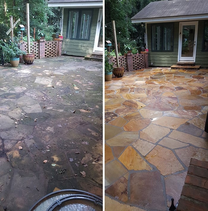 Patio beside a summerhouse, before and after pressure washing